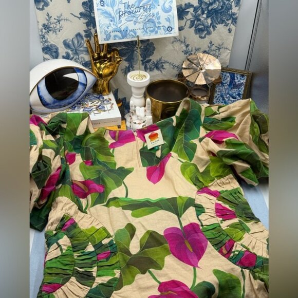 🆕 FARM Rio 🧿 NWOT Anthurium Leaves Linen Square Neck Mini Dress, Sand - Sz XL - Picture 13 of 16